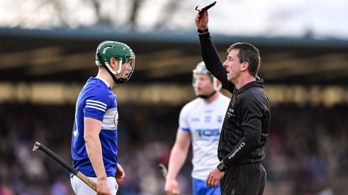 Paud O'Dwyer showing Laois' Sean Downey a black card during the Allianz Hurling League - they have been thin on the ground since