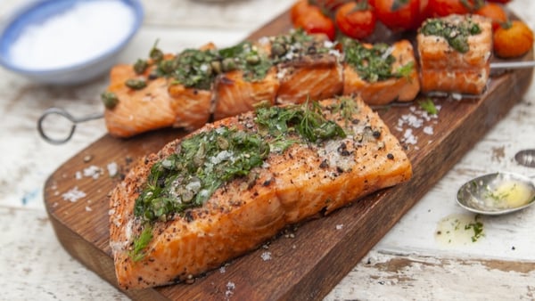 Rich and flakey salmon, cooked two ways, with a zesty caper salad is perfect for summer nights.