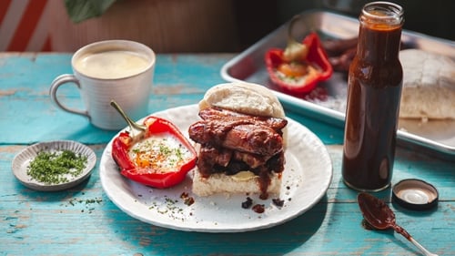 A show-stopping breakfast option, loaded up with grilled sausages and homemade brown sauce.
