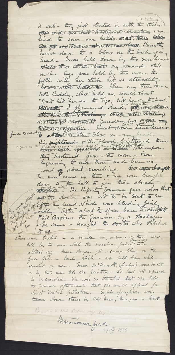 Rough draft [by Maire Comerford] about the rough treatment of her and other anti-Treatyite female prisoners being moved from Mountjoy Prison to the North Dublin Union (NDU) camp, [1922].