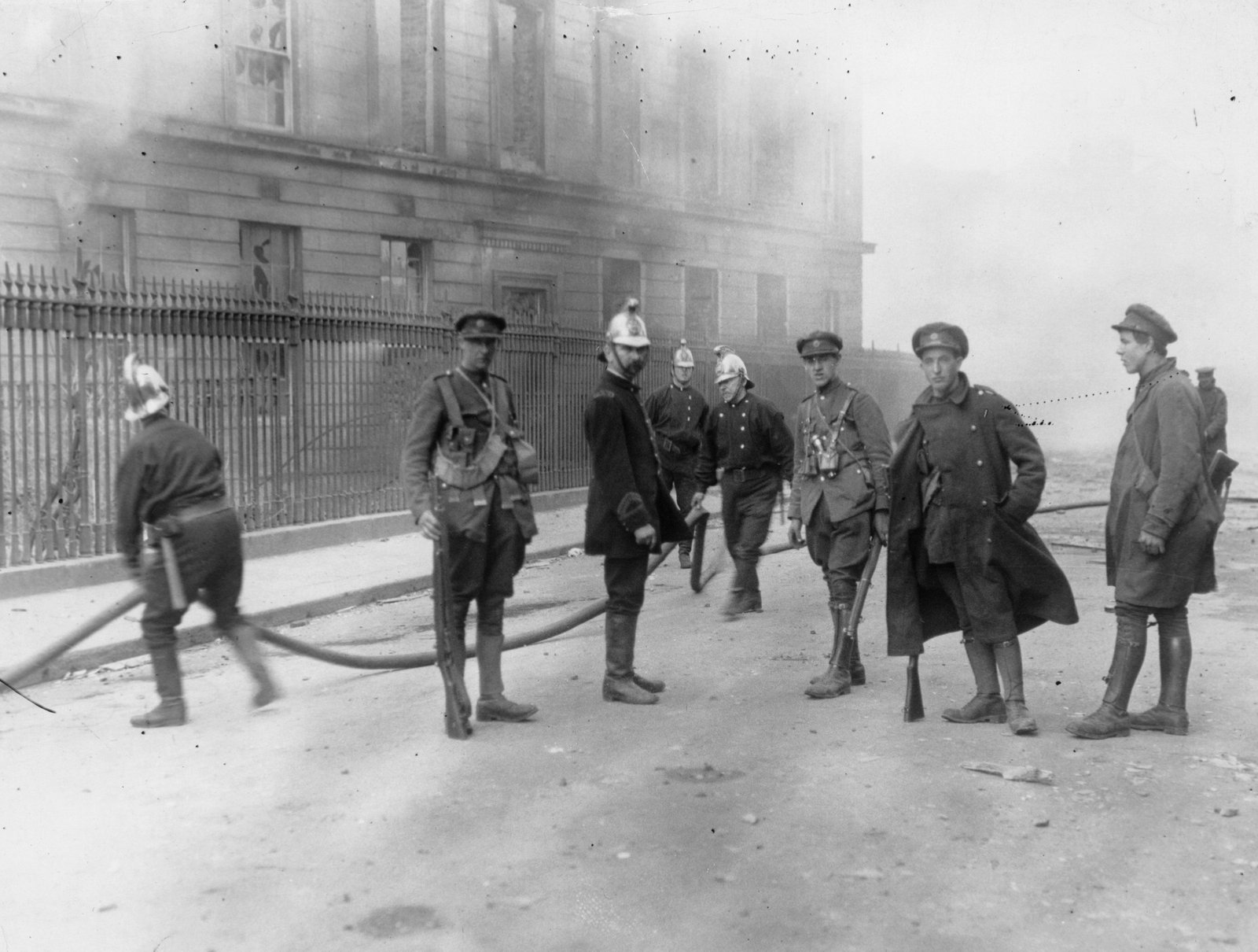 Image - Firemen on the scene of the Four Courts. The fire in the Public Records Office destroyed many priceless documents. Photo: Topical Press Agency/Getty Images