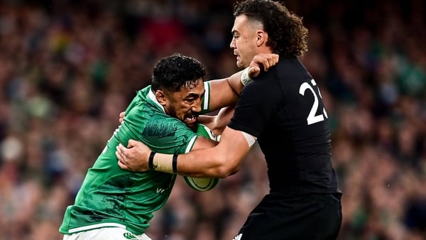 David Havili tackles Bundee Aki during Ireland's win over New Zealand in 2021