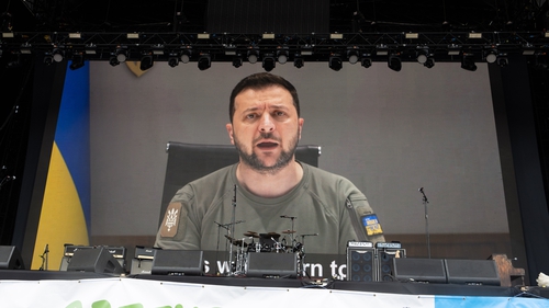 Ukrainian President Volodymyr Zelensky gives a video message on The Other Stage during day three of Glastonbury Festival at Worthy Farm, Pilton on June 24, 2022 in Glastonbury, England. (Photo by Harry Durrant/Getty Images)