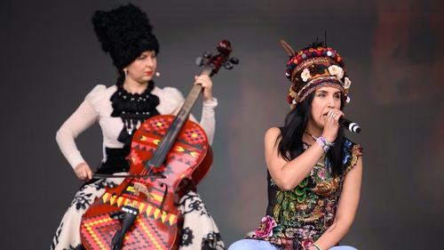 Jamala, (R) joins Ukrainian group Dakhabrakha on stage at Glastonbury