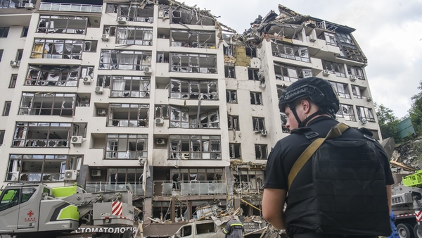 An apartment building destroyed in a Russian airstrike in the Shevchenkivskiy district of Kyiv