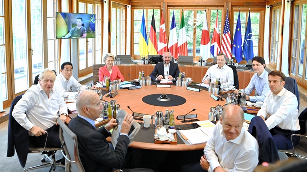 Ukrainian President Volodymyr Zelensky addresses the G7 leaders