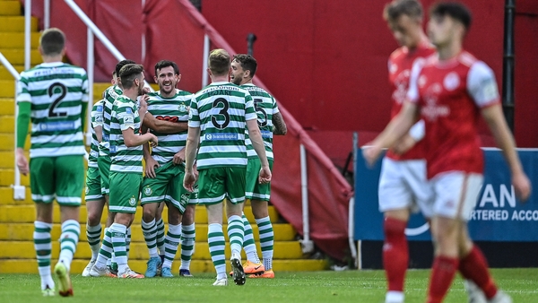 Aaron Greene celebrates with team-mates after scoring Shamrock Rovers' second goal