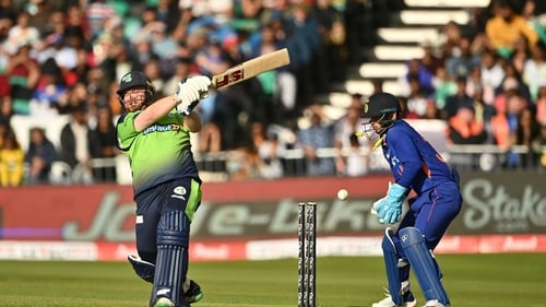 Paul Stirling of Ireland is bowled by Ravi Bishnoi of India as India wicket keeper Ishan Kishan watches on