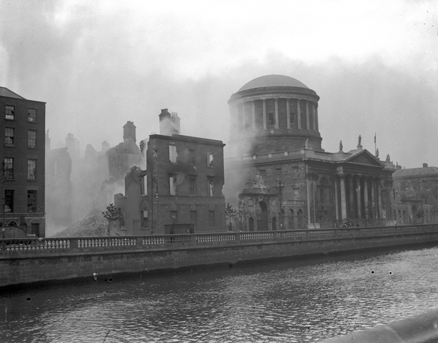 A front view of the destruction of the Four Courts, Inns Quay, Dublin in June 1922. RTÉ Archives Photographic Archive Cashman Collection 