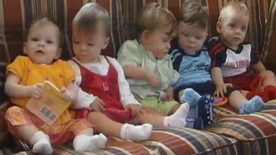 Wexford quintuplets Derbhail, Amy, Conor, Cian and Rory Cassidy celebrate their first birthday in 2002.