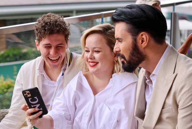 Dylan Llewellyn, Nicola Coughlan and Rylan Clark attend Pimm's No. 1 hospitality suite at the Championships Wimbledon on June 30, 2022 in Wimbledon, England. (Photo by David M. Benett/Dave Benett/Getty Images for Pimm's)