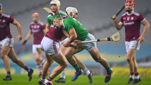 Galway's Jason Flynn tackles Sean Finn of Limerick in the 2020 semi-Final