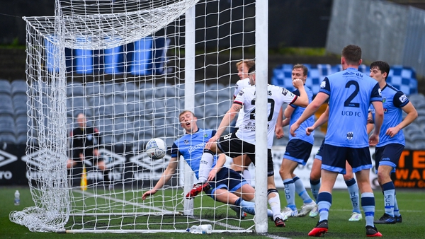 Dundalk capitalise on a goalmouth scramble to score their second goal at Oriel Park