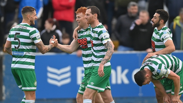 Rory Gaffney is congratulated by his Shamrock Rovers team-mates after scoring what proved to be the only goal in Ballybofey