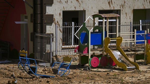 A damaged school playground in Kyiv earlier this year