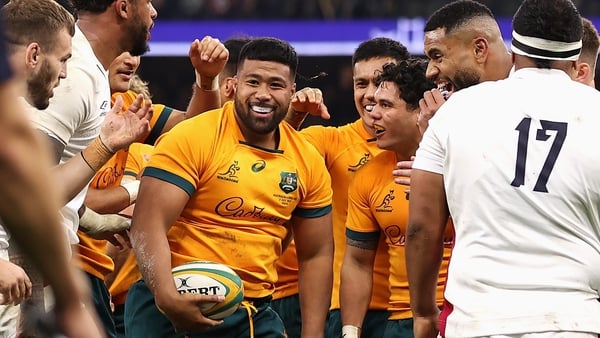 Folau Fainga'a is all smiles after scoring Australia's second try