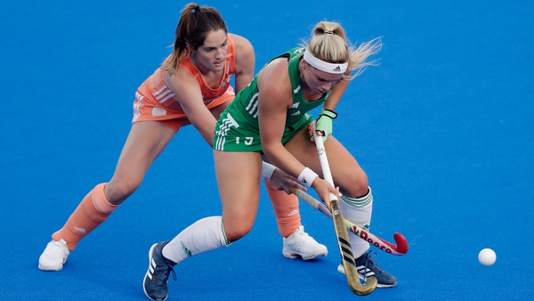 Marloes Keetels of Holland tackles Ireland's Caoimhe Perdue