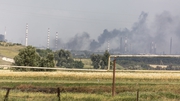 Plumes of smoke are seen rising to the sky during heavy fighting in Lysychansk