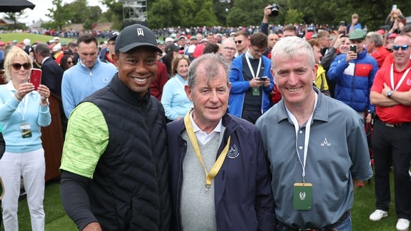 Tiger Woods, JP McManus and Limerick hurling manager, John Kiely