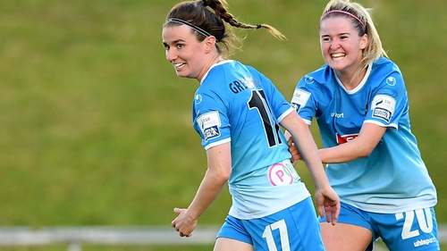 Dearbhaile Beirne of Peamount United, left, celebrates with team-mate Erin McLaughlin after scoring her side's equalising goal