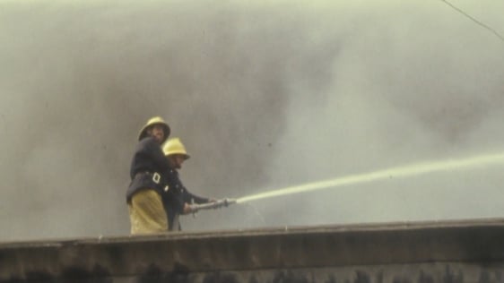 Dublin Fire Brigade fight fire at Raleigh factory on Hanover Quay, Dublin (1977)