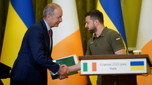 An Taoiseach Micheál Martin agus Uachtarán na hUcráine Voldomyr Zelensky i gCív inniu