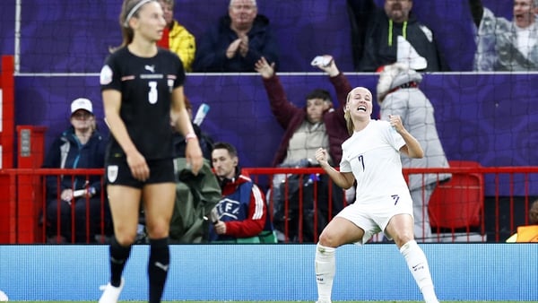 Beth Mead celebrates her first-half goal against Austria
