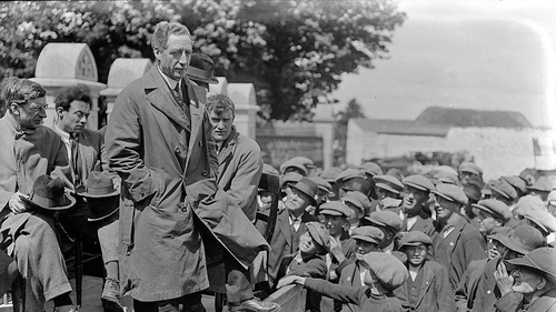 Cathal Brugha at an election rally in Mooncoin, Co Kilkenny on June 12th 1922, three weeks before his death. Éamon de Valera is seated behind him. Photo: Poole Collection/National Library of Ireland