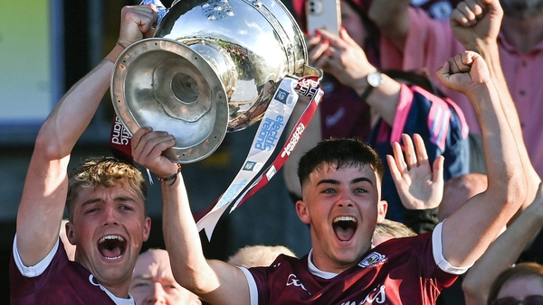Galway joint-captains Jack Lonergan (left) and Éanna Monaghan lift the Tom Markham Cup