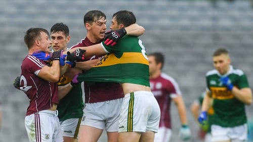 Kerry's Paul Geaney and David Moran get to know Galway's Eoghan Kerin and Thomas Flynn during an All-Ireland quarter-final in 2018. Photo: Piaras Ó Mídheach/ Sportsfile