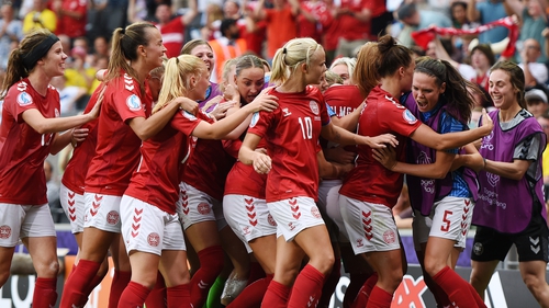 Pernille Harder is mobbed after her crucial goal