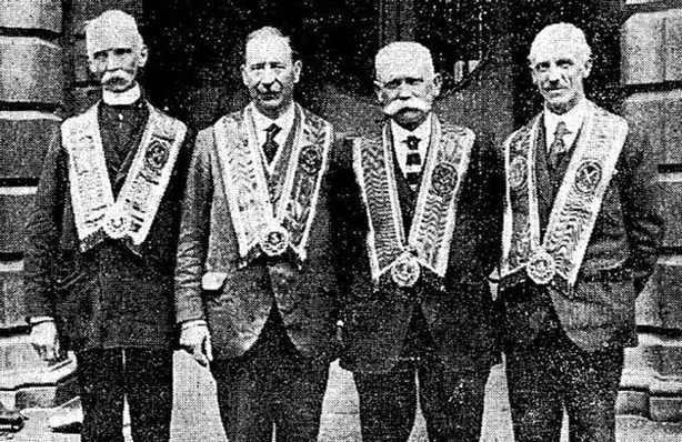 The principal officers of the County Grand lodge of Belfast. Left to right – Jackson Totton, Grand Treasurer; Sir Joseph Davison, Grand Master; Robert Armstrong, Deputy Grand Master; and John Drennan, Grand Secretary. Photo: Belfast Newsletter, 14 July 1922