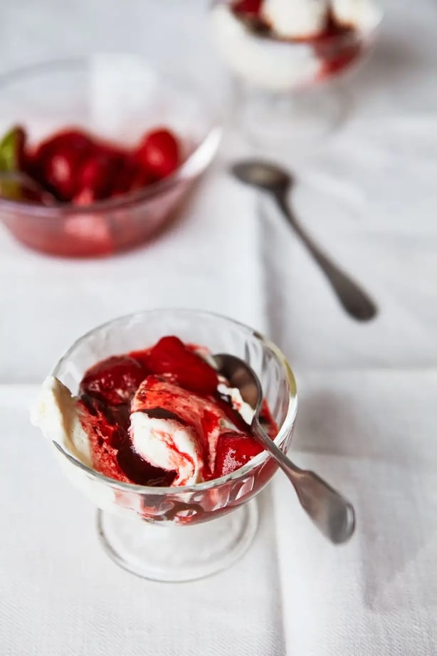 Whipped yoghurt with roasted strawberries and peanut fudge sauce from Mezcla (Yuki Sugiura/PA)