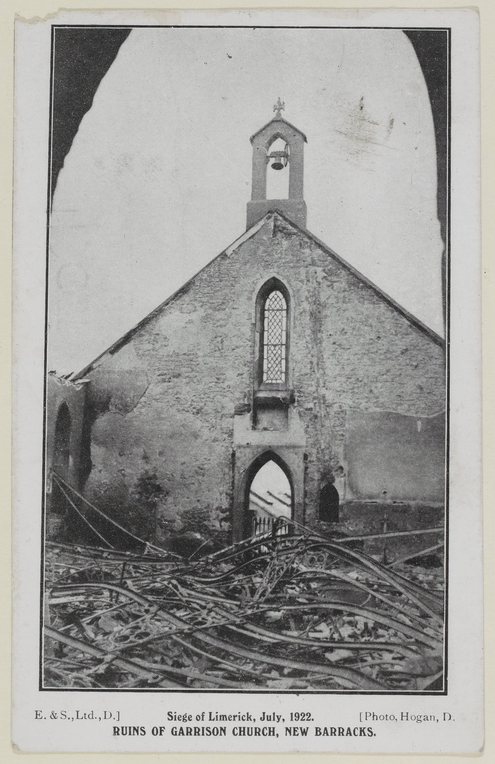 Image - A photograph taken by D. Hogan of the ruins of the Garrison Church barracks in Limerick in July 1922. Image courtesy of the National Library of Ireland