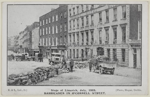 O'Connell Street in Limerick during the Civil War, complete with barricades