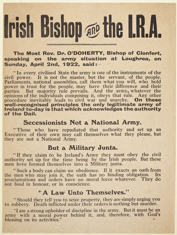 Broadside quoting to Rev. Dr. O' Doherty, Bishop of Clonfert speaking about the Irregulars at Loughrea, on Sunday, April 2 1922.
