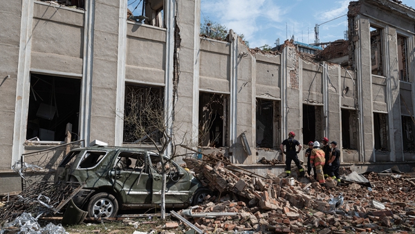 Rescuers inspect a heavily damaged building in Vinnytsia, Ukraine today