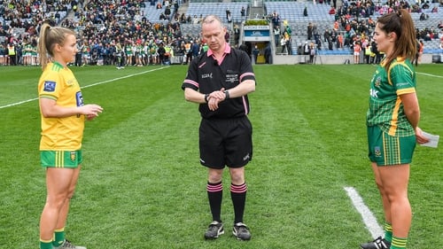 Referee Garryowen McMahon performs the coin toss before April's Donegal-Meath Division 1 league final