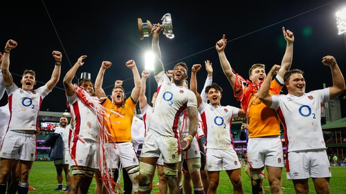 Courtney Lawes and his England teammates celebrate with the Ella-Mobbs Cup
