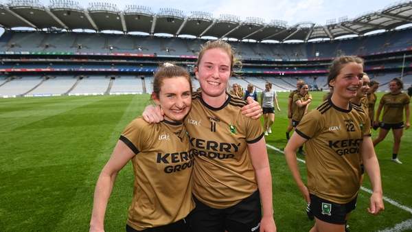Kerry's Cáit Lynch and Síofra O'Shea celebrate beating Mayo to set up an All Ireland final clash with holders Meath. Photo: Stephen McCarthy/Sportsfile