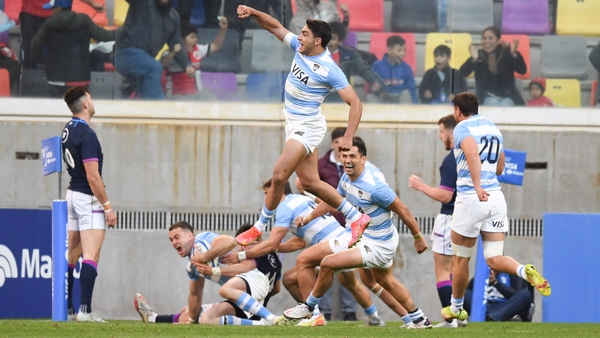 The Argentina players celebrate Emiliano Boffelli's late series-winning try