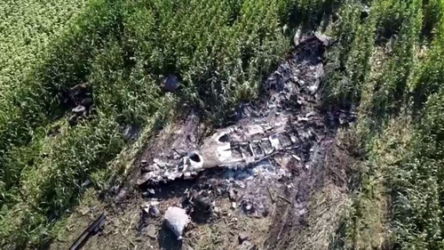 Drone footage shows the wreckage of the fuselage