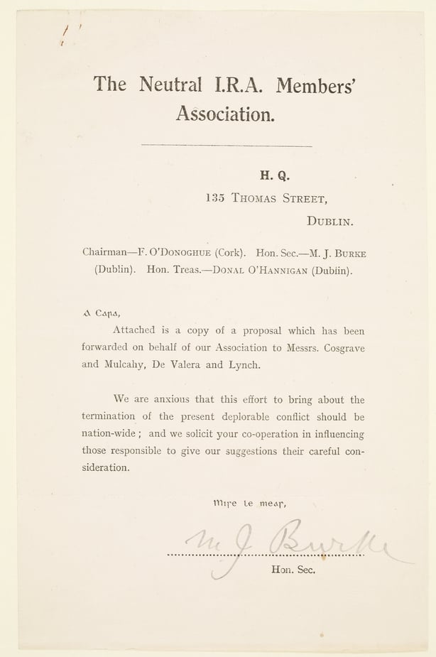 A copy of a proposal dated 16 February 1923 from the Neutral I.R.A. Members' Association which was forwarded on to W.T. Cosgrave, Richard Mulcahy, Éamon De Valera and Fionán Lynch seeking the cessation of the Civil War