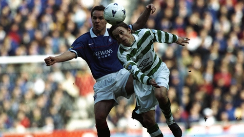 12 April 1998: Simon Donnelly of Celtic takes on Rangers player Jonas Thern during the match between Glasgow Rangers v Celtic in the Bells Scottish Premier Division played at Ibrox, Glasgow