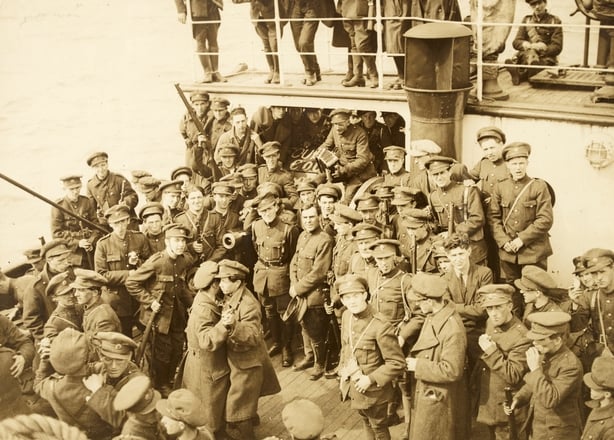 Soldiers dancing to Melodeon music on the deck of the Arvonia