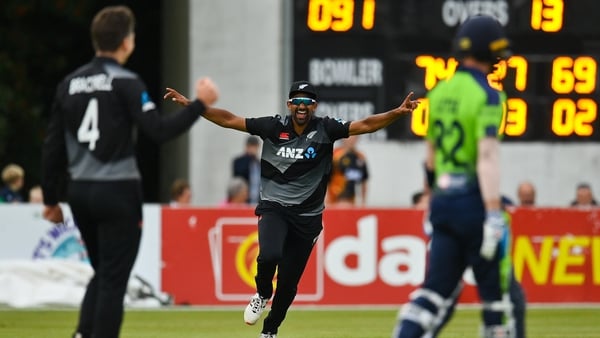 Ish Sodhi of New Zealand celebrates after taking the wicket of Ireland's Craig Young