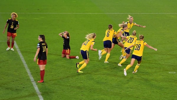 Linda Sembrant celebrates with team-mates after scoring Sweden's late goal