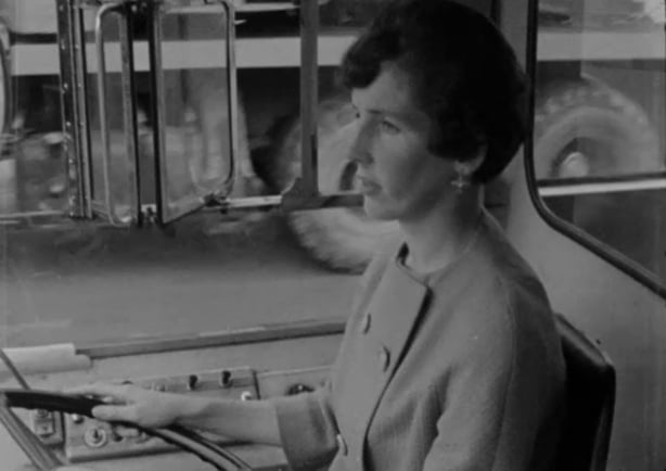 Meda Shanahan taking the driving test for school buses in 1967.