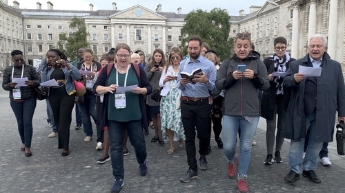 Around 50 librarians read out an excerpt of Joyce's Ulysses in their own language while walking through Trinity College