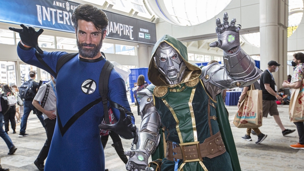 Actor Jennings Brower as Reed Richards (L) and Adam Lindsey as Doctor Doom from Fantastic Four pose for photos during 2022 Comic-Con International Day 4 at San Diego Convention Center in San Diego, California. (Photo by Daniel Knighton/Getty Images)